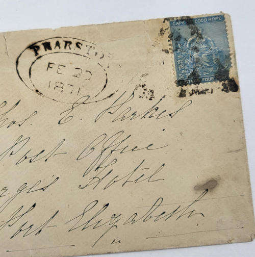 Letter with Cape of Good Hope 4 Pence stamp and RARE PEARSTON OVAL CANCEL