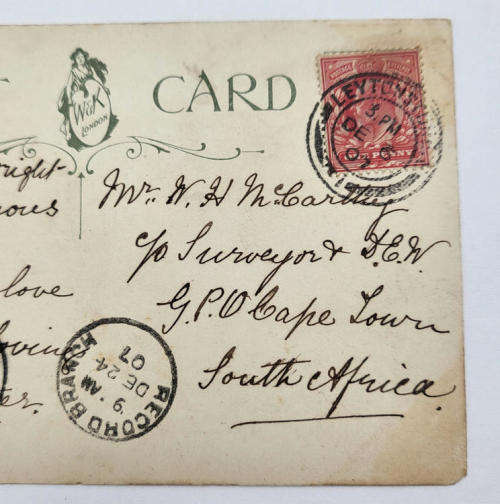 `Tho` far apart, heart speaks to heart` From Leytonstone to Cape Town 24 Dec 1907 - One Penny stamp
