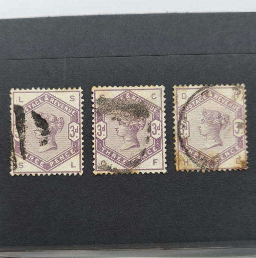 3 Different SG 191 (Type 62) Three pence stamps - 1883 3 different cornet markings - Lot of 3