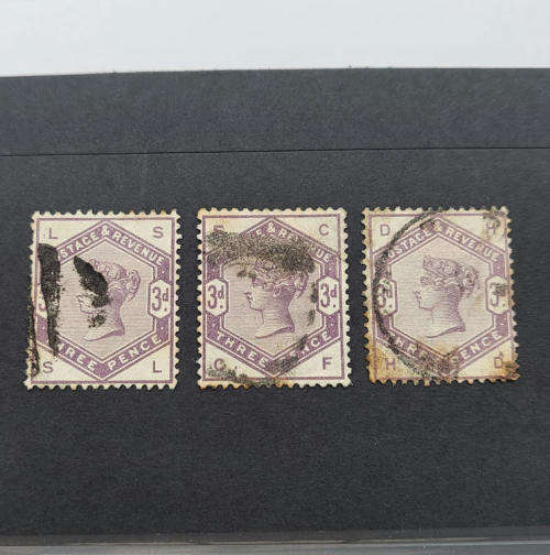 3 Different SG 191 (Type 62) Three pence stamps - 1883 3 different cornet markings - Lot of 3