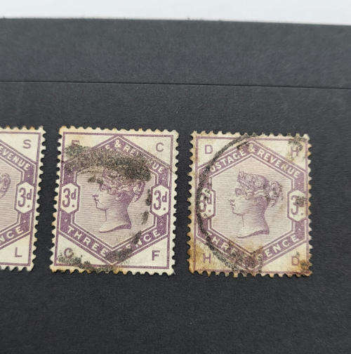 3 Different SG 191 (Type 62) Three pence stamps - 1883 3 different cornet markings - Lot of 3