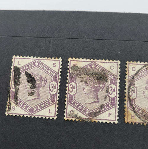 3 Different SG 191 (Type 62) Three pence stamps - 1883 3 different cornet markings - Lot of 3