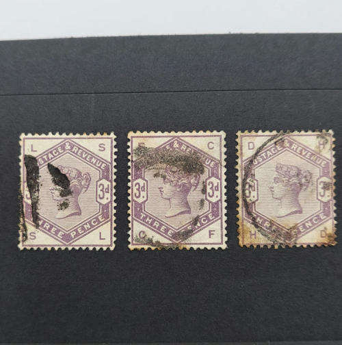 3 Different SG 191 (Type 62) Three pence stamps - 1883 3 different cornet markings - Lot of 3