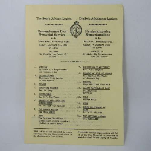 SA Legion rememberance Day 9 Nov 1986 program