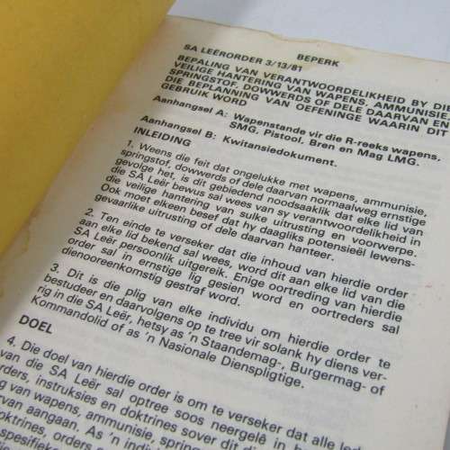 SADF Army order 3/13/81 for the safe handling of weapons - dated 1981