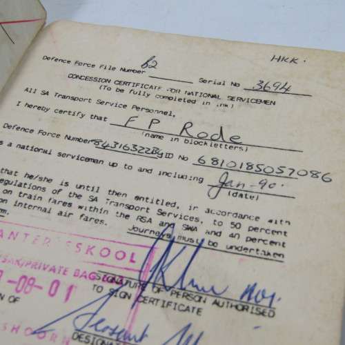 Infantry School personal particulars & discount certificate issued to FP Rock & later cancelled