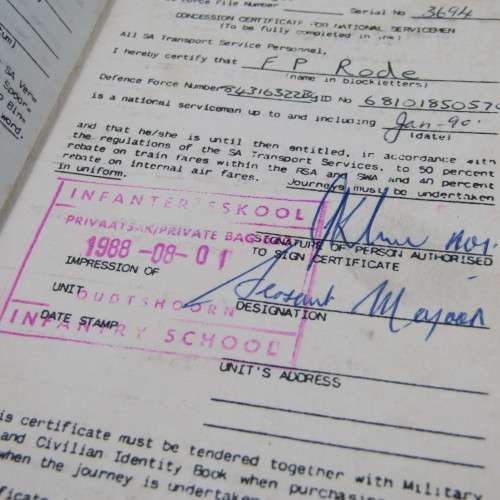 Infantry School personal particulars & discount certificate issued to FP Rock & later cancelled
