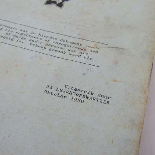South Africa Defence Force Gevegsdissipline Arde Memoire book as issued by Army Headquarters 1980