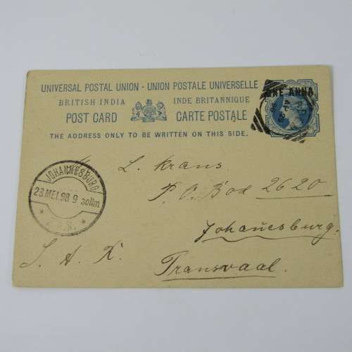 Preprinted post card with One Anna printed stamp sent from Aden 29 April 1898 to Johannesburg