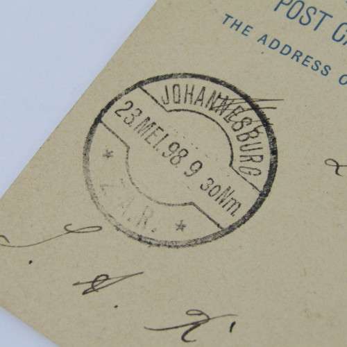Preprinted post card with One Anna printed stamp sent from Aden 29 April 1898 to Johannesburg