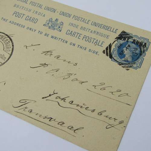 Preprinted post card with One Anna printed stamp sent from Aden 29 April 1898 to Johannesburg