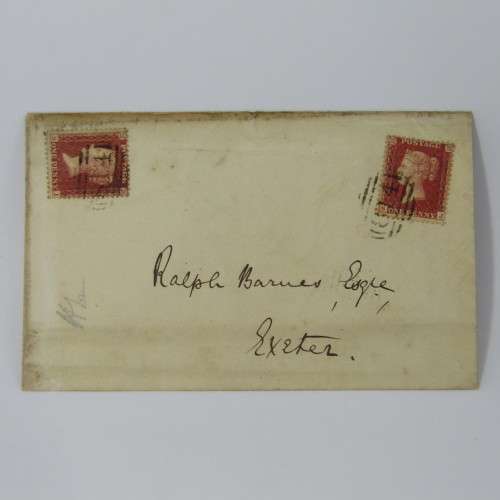 Great Britain cover with pair of penny red stamps - adressed to Ralph Barnes of Exeter backstamped