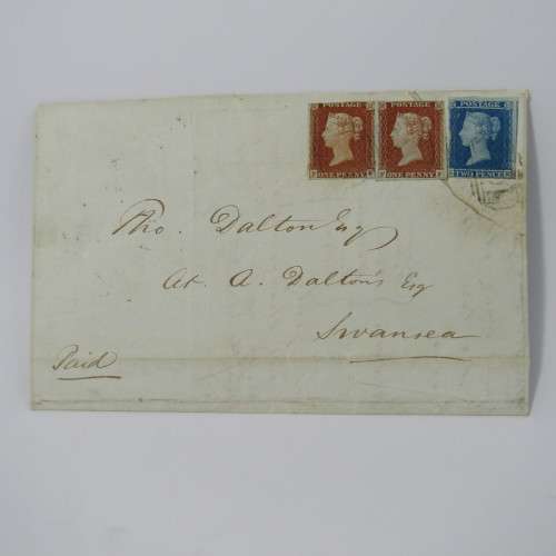 Great Britain 1847 letter posted from Cardiff to Swansea with pair of penny red stamps