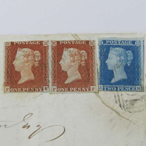 Great Britain 1847 letter posted from Cardiff to Swansea with pair of penny red stamps