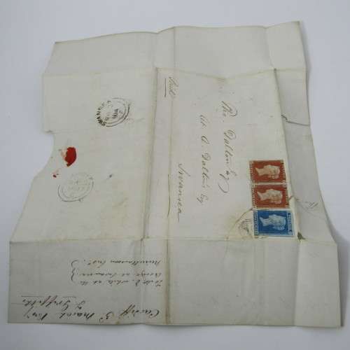 Great Britain 1847 letter posted from Cardiff to Swansea with pair of penny red stamps