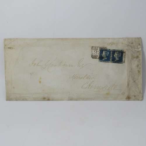 Pair of 2 penny blue stamps GA & GB on corner -uncut pair- dirty envelope but rare backstamped