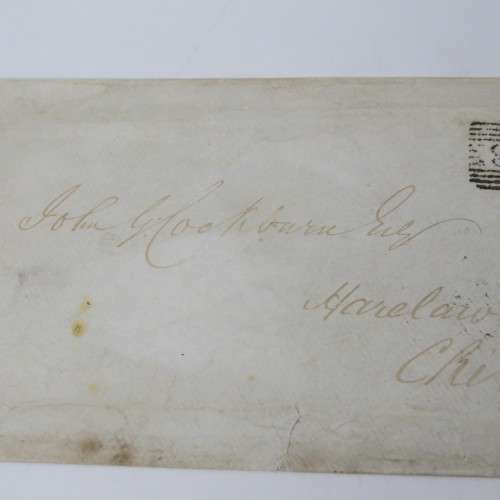 Pair of 2 penny blue stamps GA & GB on corner -uncut pair- dirty envelope but rare backstamped
