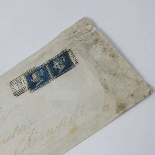 Pair of 2 penny blue stamps GA & GB on corner -uncut pair- dirty envelope but rare backstamped