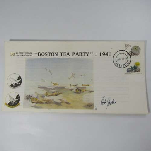 SAAF 50th Anniversary 1941 Boston Tea Party FDC Signed by Anne de Goede - artist of painting on FDC