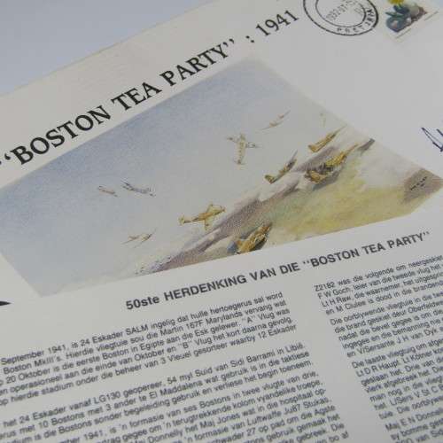 SAAF 50th Anniversary 1941 Boston Tea Party FDC Signed by Anne de Goede - artist of painting on FDC