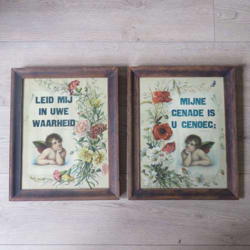 Pair of framed vintage Dutch Bible verse prints, Frame 47 x 38, Painting 40 x 31cm