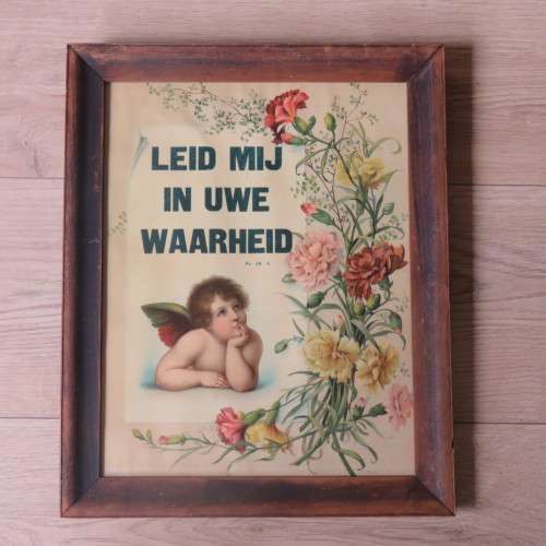 Pair of framed vintage Dutch Bible verse prints, Frame 47 x 38, Painting 40 x 31cm