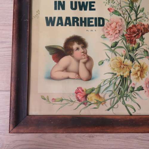 Pair of framed vintage Dutch Bible verse prints, Frame 47 x 38, Painting 40 x 31cm