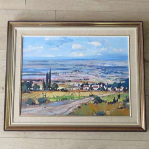 Larger Dale Elliot landscape painting, acrylic on board - Frame 60 x 76cm, Painting 43 x 59cm