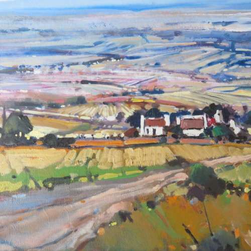 Larger Dale Elliot landscape painting, acrylic on board - Frame 60 x 76cm, Painting 43 x 59cm
