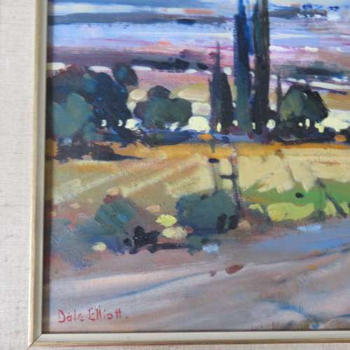 Larger Dale Elliot landscape painting, acrylic on board - Frame 60 x 76cm, Painting 43 x 59cm