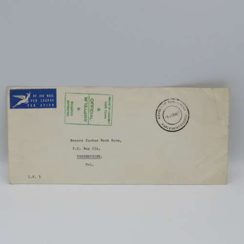 Official House of Assembly Cape Town parliament cover sent to Vereniging on 6 June 1967 by airmail