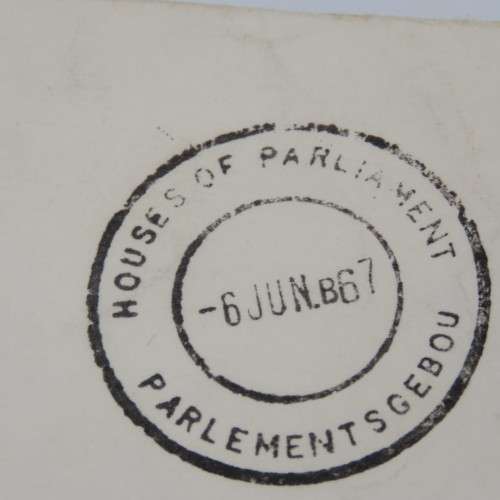 Official House of Assembly Cape Town parliament cover sent to Vereniging on 6 June 1967 by airmail