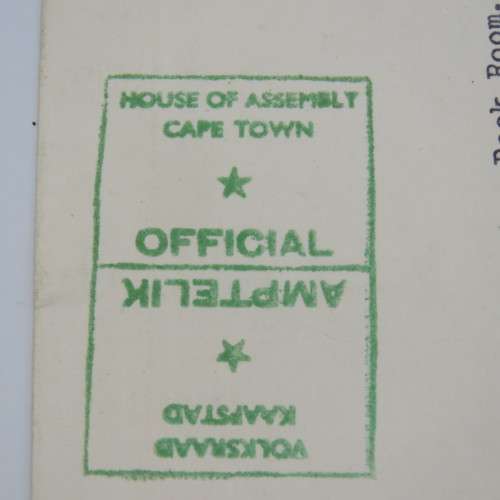 Official House of Assembly Cape Town parliament cover sent to Vereniging on 6 June 1967 by airmail