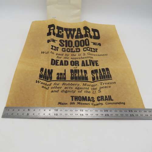$10,000 Reward Poster for Capture of Sam and Belle Star - #207 Authentic Replica