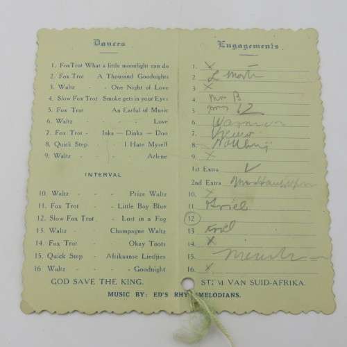 1935 Paarl Municipal Employees Association Dance programme booklet with pencil