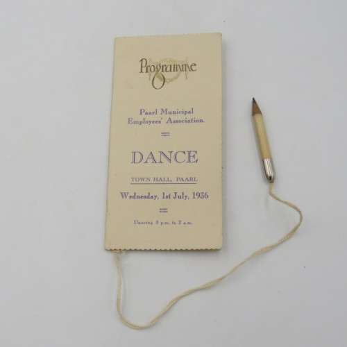 1936 Paarl Municipal Employees Association Dance programme booklet with pencil