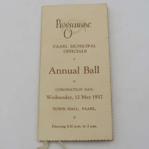 1937 Paarl Municipal Officials Annual ball programme booklet with pencil