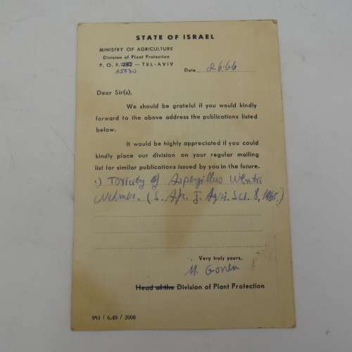 Ordering card sent on 2/6/66 from Israel ministry of Agriculture to Dr Rabre, University of Pretoria