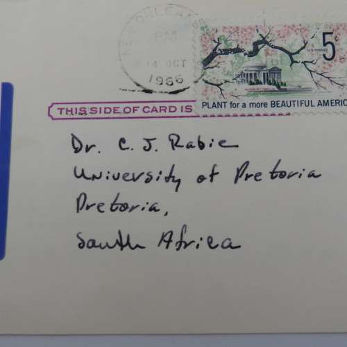 Ordering card sent from Tulane University New Orleans to University Pretoria on 14 October 1966