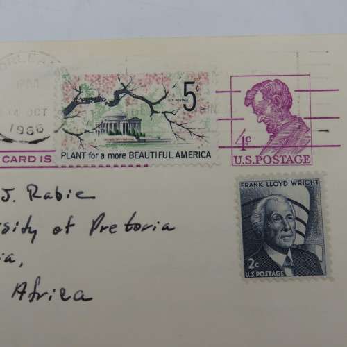 Ordering card sent from Tulane University New Orleans to University Pretoria on 14 October 1966