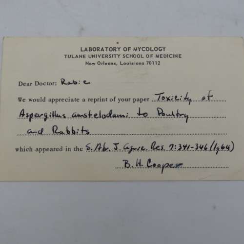 Ordering card sent from Tulane University New Orleans to University Pretoria on 14 October 1966