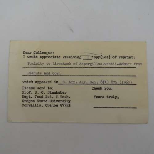 Ordering card where a Prof Sinnhuber orders a book from Dr Rabie