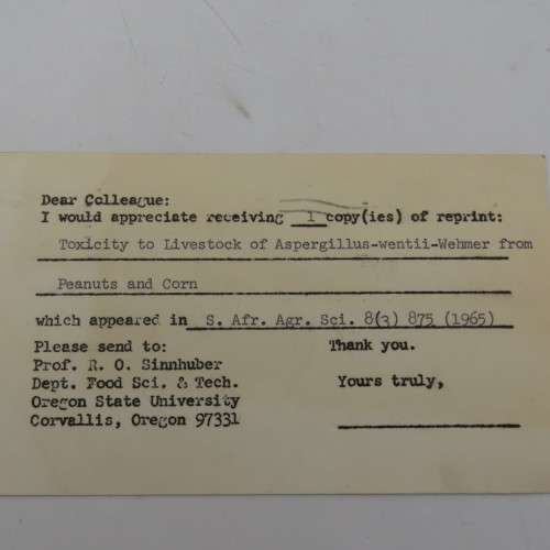 Ordering card where a Prof Sinnhuber orders a book from Dr Rabie