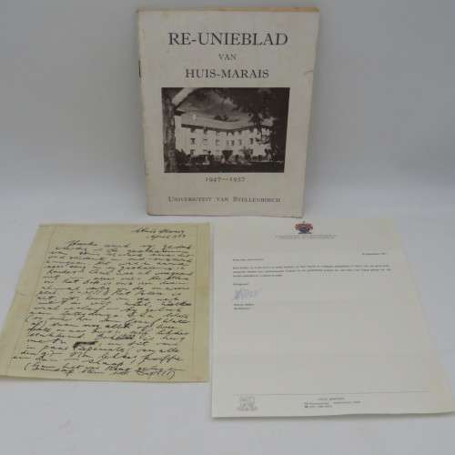 Stellenbosch Huis Marais Original 1953 letter plus 1957 Reunion booklet and 9 photos