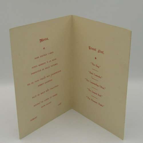 WW1 Cape Gerrison Artillery Dinner menu in honour of commanding officer Colonel C. Gutsche. C.B.E V.