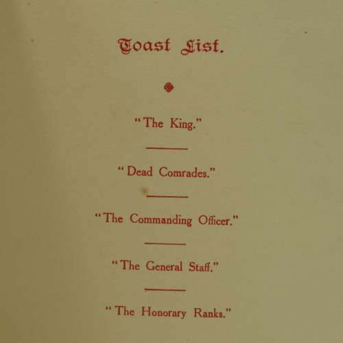WW1 Cape Gerrison Artillery Dinner menu in honour of commanding officer Colonel C. Gutsche. C.B.E V.