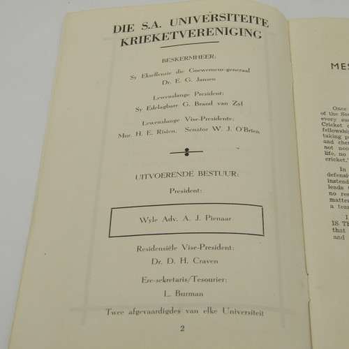 1951 Universities Cricket tournament programme with list of team members