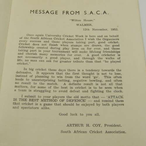 1951 Universities Cricket tournament programme with list of team members