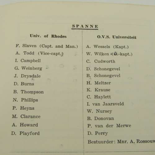1951 Universities Cricket tournament programme with list of team members