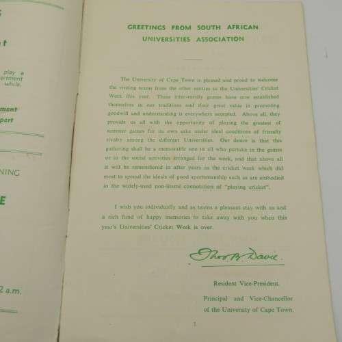 SA Universities Cricket tournament programme 1952 with list of teams and players
